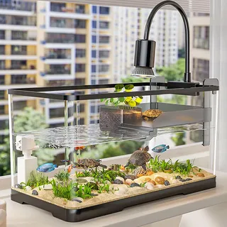 Schildkröten-Tank-Set, Schildkrötenaquarium Mit Schwimmender Plattform, Schildkröten-Aquarium Mit Licht, Filter, Farbigen Felsen Und Kleine Pflanze Reptilien Aufzuchtbox Für Schildkröten(XL)