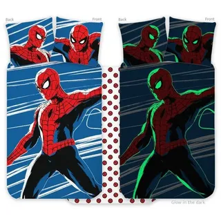 BrandMac Spiderman-Bettwäsche-Set für Kinderbett 100x135 cm + Kissenbezug 40x60 cm, 100% Baumwolle, nachtleuchtend, weiche Wendebettwäsche
