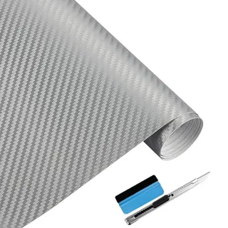 NewL 3D Silber Carbon Fiber Vinyl Wrap Rolle mit Luftablass Blasenfrei Klebefilm Enthält Installationswerkzeuge 60x152cm