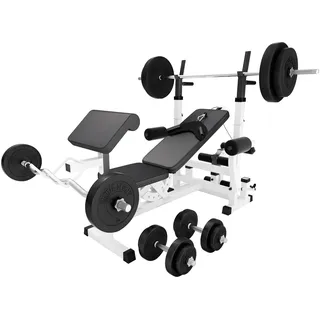 GORILLA SPORTS®Hantelbank mit Gewichten - 170 cm Hantelstange, 40/70/100 kg Hantelset, Beincurler, Butterfly, Dip-station, Curlpult - Trainingsbank, Fitnessstation, Kraftstation mit Langhantel