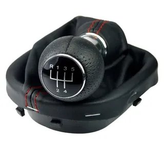 L & P Car Design Schalthebel Schaltsack Schaltknauf für VW Touran 1T1 1T2 1T3 + VW Caddy 2K III (Set, 1 St., Schaltknauf, Schaltsack, Rahmen, Befestigungsschelle), Plug&Play Montage rot|schwarz