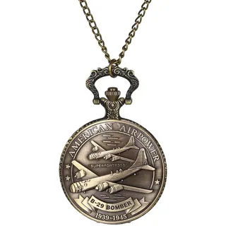 JewelryWe Taschenuhr mit Kette Uhren Herren - Vintage US Luftwaffe Luftstreitkräfte B-26 Bomber Taschenuhr Analog Quarz Kettenuhr Uhranhänger mit Halskette für Männer Bronze
