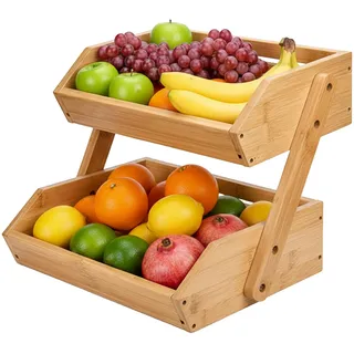 Relaxdays Obst Etagere Bambus, 2 Etagen, Hellbraun