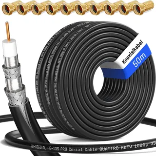 HB-DIGITAL 50m SAT Koaxialkabel 135dB 8K 4K UHD 4-Fach geschirmt für DVB-S / S2 DVB-C / C2 DVB-T / T2 DAB+ Radio + inkl. 10x vergoldete F-Stecker BK Anlagen - Stahl/Kupfer Innenleiter - Schwarz