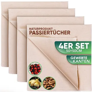 Loco Bird Passiertuch 50x50cm - 4 Stück 100% Baumwolltuch - ungebleichtes Käsetuch, Feines Mulltuch und Mulltücher Dichtegrad 100, Waschbares Leinentuch, Cheesecloth und Seihtuch mit vernähten Kanten