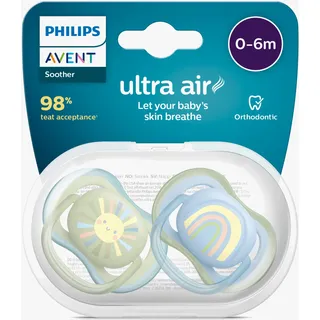Philips AVENT ultra air Schnuller - 2er Pack, BPA-freier, atmungsaktiver Schnuller für Babys von 0-6 Monaten, inklusive Transport- und Sterilisationsbox, grün/blau (Modell SCF085/58)