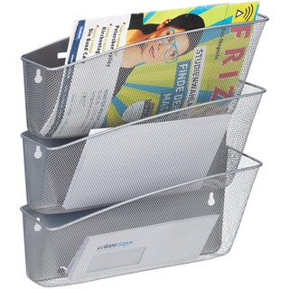 Relaxdays Zeitschriftenhalter Wand, 3er Set, Zeitungsablage, Wandfächer, HBT 39x36x12 cm, Magazinhalter, Metall, Silber