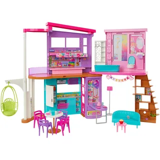 Barbie-Ferienhaus (116 x 77,9 cm), 6 Spielbereiche, komplett eingerichtet mit Zubehör, Möbeln und Aufzug, klapp- und verstaubar, ohne Puppe, Geschenk für Kinder ab 3 Jahren, HCD50