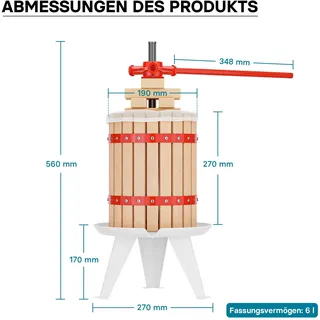 Wiltec Obstpresse 6L mit 3x Presstuch Maischepresse Weinpresse Saftpresse