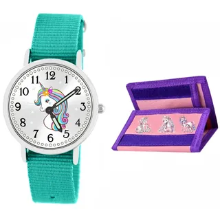 Brecjon Armbanduhr Mädchen Jungen Kinderuhr Einhorn Lernuhr Geldbörse 5ATM wasserdicht türkis 910