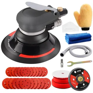Druckluft schleifgerät, Exzenter poliermaschine, SPTA 125mm/150mm Exzenterschleifer Schleifmaschine mit 24 Schleifpapier und 3 Polierschwamm zum Polieren, Schleifen und Schleifen von Autos -HASPS6SET