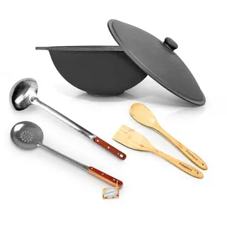 ZARENHOFF Gusseisen Kazan 16 L Uzbekisch mit Aluminiumdeckel, 44-47 cm, Holzlöffel: 1 Stk., Schaumlöffel für Plov, 48 cm, Spachtel aus Holz, Kochtopf WOK Plov плов казан Kasan