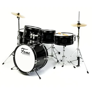 Fame Schlagzeug, 5-teiliges Set mit Becken und Hardware, schwarze Spannreifen, verchromte Spannschrauben, einstellbare Sitzhöhe - Piano Black, ideal für Einsteiger