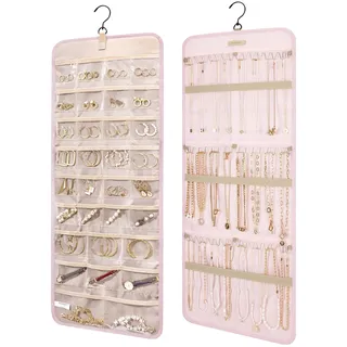 bagsmart Schmuck-Organizer zum Aufhängen, Aufbewahrungsrolle mit Aufhänger, Metallhaken, Doppelseitiger Schmuckhalter für Ohrringe, Halsketten, Ringe an Schrank, Wand, Tür, 1 Stück, Groß-Rosa