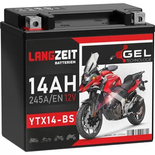 LANGZEIT YTX14-BS Motorradbatterie 12V 14Ah 245A/EN Gel Batterie 12V doppelte Lebensdauer entspricht 51214 YTX14-4 CTX14-BS GTX14-BS vorgeladen auslaufsicher wartungsfrei