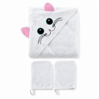 bloomborn Baby Badetücher Set Kapuzenhandtuch mit Katzenmotiv inkl. 2x Waschhandschuh Baumwoll-Badetuch 75 x 75cm Weiß - One-Size