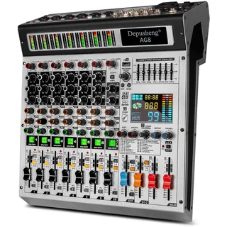 Depusheng AG8 Professioneller DJ-Mixer 8 Kanäle 99 DSP Echo Audio Soundmixer mit MP3 USB Bluetooth 48V Phantomspeisung Gruppierung und 2 AUX Schnittstellen für die Aufnahme von DJ Bühnen Karaoke