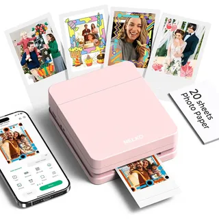 Nelko Fotodrucker PP01 Farbe Tragbarer Mini Fotodrucker für Smartphone mit 20 Fotopapier, Tintenstrahl Aufkleber Drucker, Sticky Back Fotos für iOS & Android, Smart AI APP, Rosa