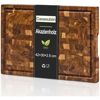 Caossuixin Large Schneidebrett Holz mit Saftrutsche(42x30x2.5cm), Schneidebretter Holz Aus Massiver Akazie, Holzschneidebrett für Küchenplatten, Schneidebrett Gross mit Rutschfeste Füße