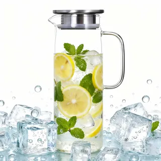 LTHERMELK Glaskaraffe 1.5 L, Karaffe Mit Deckel Und AusgießEr 1.5 Liter Kaltes Oder HeißEs Wasser - GeträNkekanne FüR Hausgemachten Eistee Und Saft