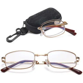 VEVESMUNDO Faltbare Lesebrille Blaulichtfilter Klappbar Metall Rechteckig Kompakt Anti Blaulicht Sehhilfe Lesehilfe Brille mit Etui für Herren Damen(1er Gold Lesebrille mit Hülle, 1.0+)