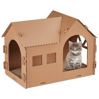 Relaxdays Katzenhaus Pappe mit Kratzbrett Hellbraun