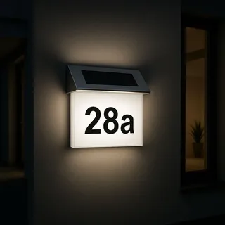 Melitec Solar-Hausnummer SH01, moderne LED-beleuchtete Hausnummer, für außen, wasserdicht, aus Edelstahl, kabellose Solar-Hausnummernleuchte - Weiß/Silber