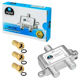 HB-DIGITAL SAT - BK - UKW - Verteiler 2-Fach Splitter 2-Wege 5-2400 MHz digital analog - tauglich voll geschirmt mit Spannungsdurchlass SAT DVB-S DVB-S2 FM Kabelfernsehen DVB-C + passende F-Stecker