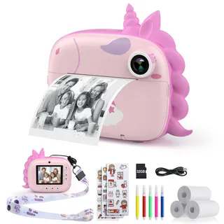HiMont Kinderkamera Sofortbildkamera, Digitalkamera für Kinder mit Druckpapier & 32G TF Karte, VideoKamera mit farbigen Stiften & Lustige Accessoires, Geschenk für Kinder 3-14 Jahren (Rosa)