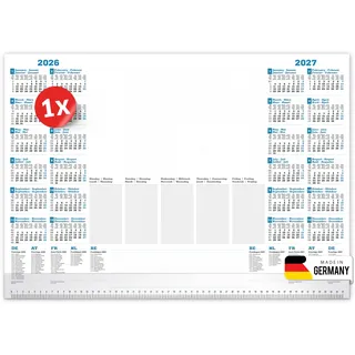 PRIMUS PRINT Schreibtischunterlage Papier DIN A2-2026 & 2027 Jahreskalender - 80g Dickes Naturpapier - Stabiler Papprücken - 25 Blatt - mit Schutzleiste - Büro und Homeoffice [1er Set]
