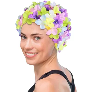 pologmase Badekappen für Damen - Vintage Blumen Badekappe Blumenblüten Bademütze - Bequeme Badekappe, Ohrenschutz für Erwachsene Frauen, Mädchen, langes oder kurzes Haar