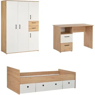 Arthur Berndt Jugendzimmer-Set ARTHUR BERNDT "Jugendzimmer-Set »Bente« 3-teilig", braun (artisan oak nb, weiß), 3-teilig, Schrank, Bett, Schreibtisch + ohne Matratze, B/H: 90cm x 200cm, 3-teilig, Schrank, Bett, Schreibtisch, Hartfaserplatte, Holzwerkstoff, Kunststoff, 