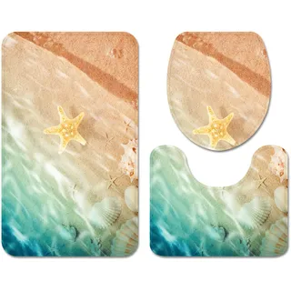 Badematten Set 3-teilig Seestern Strand Hülse Fischernetz Bunt Badezimmerteppich WC Vorleger mit Ausschnitt Set Rutschfeste Waschbar Flanell Toilettensitzbezug Combo (Farbe 3,40×60 cm 3PCS)