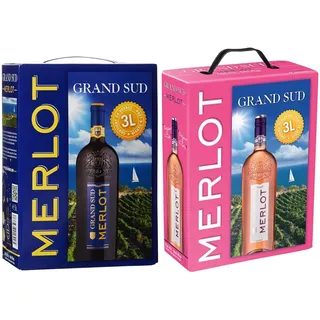 Grand Sud - Merlot aus Süd-Frankreich - Sortentypischer Trocken Rotwein - Großpackungen Wein Bag in Box 3l & - Merlot Rosé aus Süd-Frankreich - Sortentypischer Trocken Roséwein - in Box 3l