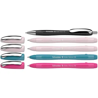 Schneider Kugelschreiber Slider Memo farbsortiert, Schreibfarbe: blau, 4 St. + GRATIS Schneider Kugelschreiber Slider Rave XB black