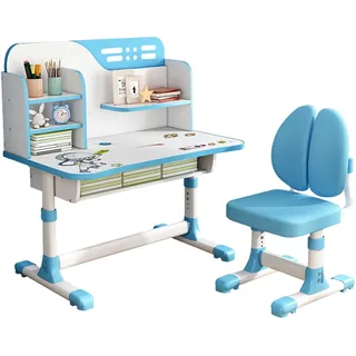 Luojuny Schreibtisch- und Stuhl-Set für Kinder, höhenverstellbar, mit Astronauten-Muster, ergonomischer Schreibtischstuhl mit großer Schreibtafel, Bücherregal und Schublade, Rosa, Blau, 2-teiliges Set