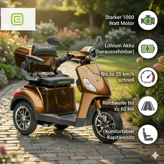 ECONELO Seniorenmobil P1000, Lithium-Akku, 25 km/h, 1000 Watt, Braun