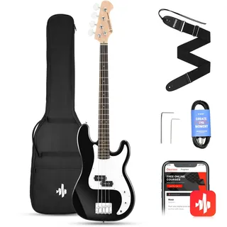 Donner E Bass Gitarre Anfänger Set, 4 Saiten P-Stil Bass Gitarren in voller Größe Elektrobass mit Gitarrentasche, Gitarrengurt und Gitarrenkabel (Schwarz)