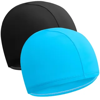 Halinuia 2 Stück Badekappen, elastische Badekappe für Kinder und Erwachsene, aus weichem Polyestergewebe (Schwarz, Seeblau)