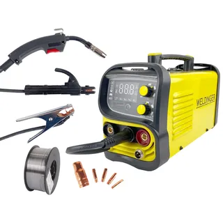 WELDINGER ME 130 mini Flux Fülldrahtschweißgerät + 1 kg Fülldraht + Fülldraht-Gasdüse + Stromdüsen MMA Lift-WIG abnehmbares Schlauchpaket 5 Jahre Garantie
