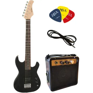 KINDER E GTARRE - ELEKTROGITARRE SET - 1/4 GRÖßE - E GITARRE JUNIOR SCHWARZ - SET - VERSTÄRKER 5 WATT - 3xPLEKTRONS - KABEL