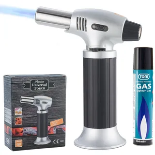 TOM Creme Brulee Brenner - MIT Gas befüllt – inkl. 1 x 100 ml Gas Kartusche zum Nachfüllen – Bunsenbrenner mit 1300°C Flamme – Küchenbrenner , Camping & Werkstatt – Flambierbrenner Küche