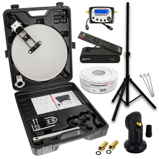 PremiumX mobile Camping SAT Anlage Receiver Satelliten-Finder Single LNB Kabel Koffer Stativ