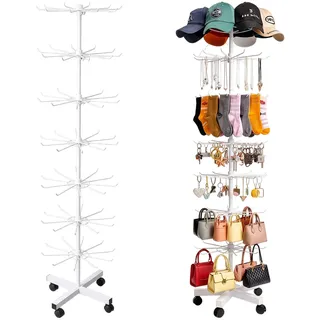 Verkaufsständer, 7-Stufiger Drehbar Warenständer, Multifunktionaler Metall Displayständer mit Haken, Einstellbarer Abstand Hakenständer Anwendbar Auf Hüten, Socken, Haarseilen, Schmuck, Taschen (Weiß)