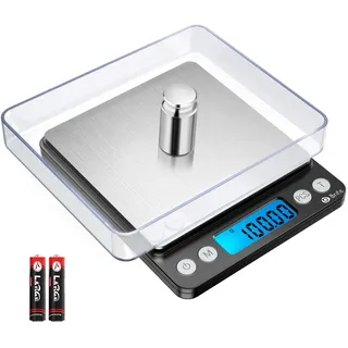 Brifit Feinwaage 0.01g, 500g / 0,01g Digitale Waage, Taschenwaage mit EIN 100g Edelstahl Kalibriergewicht, Küchenwaagen mit Tara-Funktion, PCS Funktion, 6 Einheiten Konvertierung (Schwarz)