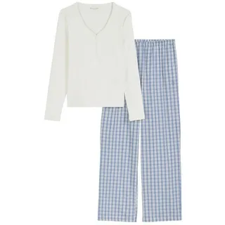 Marc O'Polo Pyjama MARC O'POLO "Mix N Match Cotton", Damen, Gr. XS, weiß, Jersey, Obermaterial: 95% Baumwolle, 5% Elasthan, bequem lang, V-Ausschnitt, Homewear-Sets Pyjama, V-Ausschnitt, Langarm, Hose kariert, Gummizug, Baumwolle