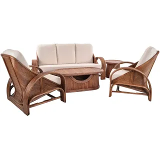 Krines Home Sitzgruppe Set/5 Lounge Set Déco Sitzgruppe aus echtem Rattan Garnitur 5 Personen, (5-tlg., 2x Sessel, 1x Dreisitzersofa, 1x Tisch oval, 1x Beistelltisch rund), Wohnzimmer Wintergarten Rattanmöbel Rattan Naturmaterial braun