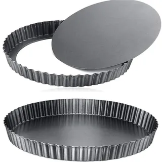 2 Stück Quicheform mit Hebeboden 28cm+28cm Tarteform mit Hebeboden Quiche Backformen Antihaft-Flanform mit losem Boden zum Backen, Quiches, geriffelte runde Kuchenform, Kohlenstoffstahl - Dunkelgrau