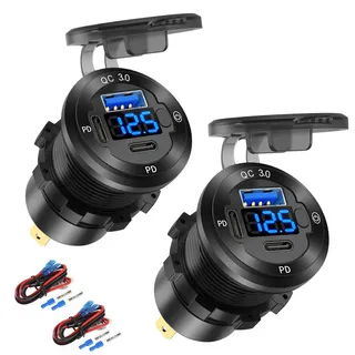 12V USB Auto Steckdose Rund USB C 12V Steckdose, 3-Port Marine Schnellladegerät wasserdichte Zigarettensteckdose U-S-B Ersatz Aluminium mit Schalter & Voltmeter, Geeignet für Boot Golf Cart Motorrad