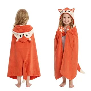 OLAOLA Badeponcho Kinder, Weich und Schnelltrocknendes Badetuch Poncho, Mikrofaser Handtuch mit Kapuze für Strand Schwimmen, Strandtuch für Mädchen Jungen 3-12 Jahre Alt (Fuchs)